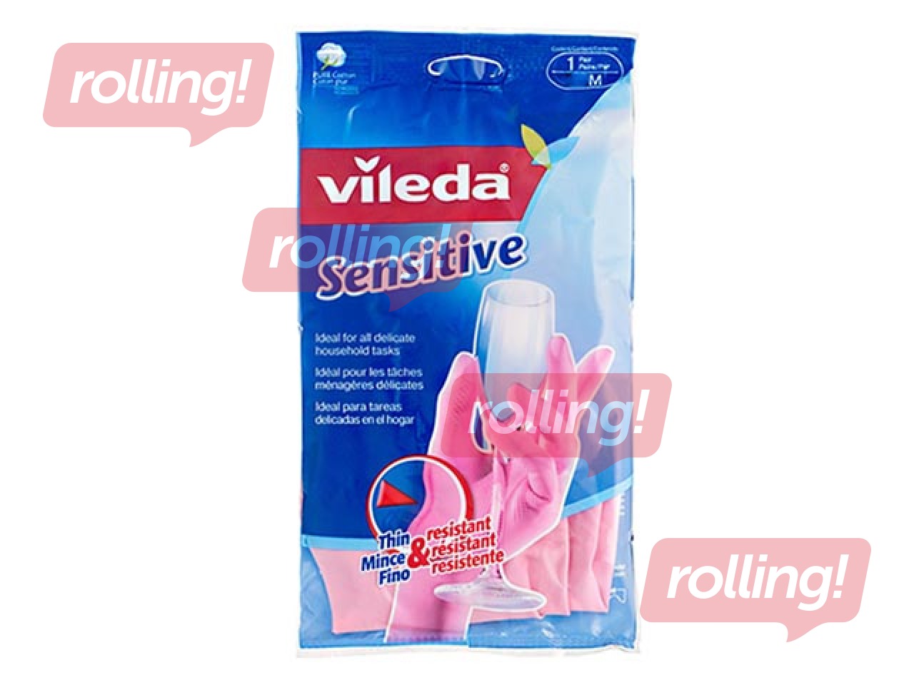 Gumijas cimdi Vileda Sensitive, latekss, ar kokvilnas oderi, M izmērs