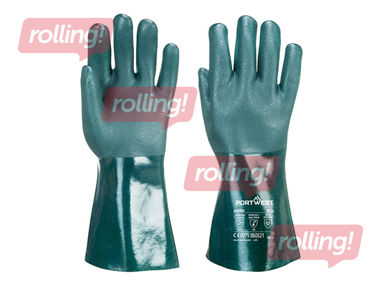 Kemikaalikindad Double Dipped PVC Gauntlet, suurus L, pikkus 35cm, rohelised