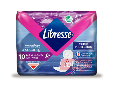 Higiēniskās paketes Libresse Maxi Night Super, 10 gab. +AKCIJA! Pērc Libresse higiēniskās paketes u