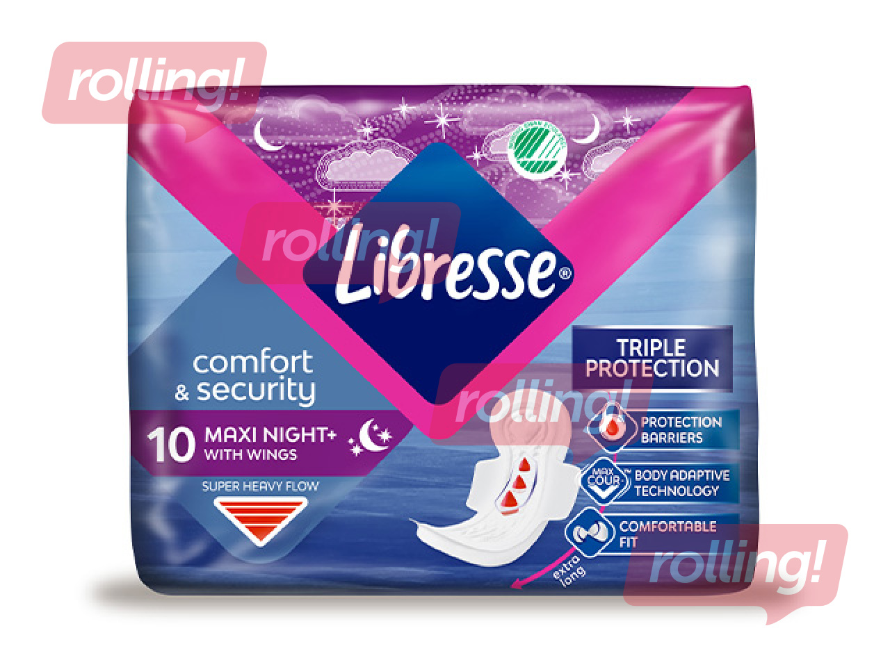 Higiēniskās paketes Libresse Maxi Night Super, 10 gab. +AKCIJA! Pērc Libresse higiēniskās paketes u