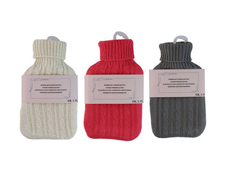 Hot water bottle with knitted cover, white, grey or red, 1.7l