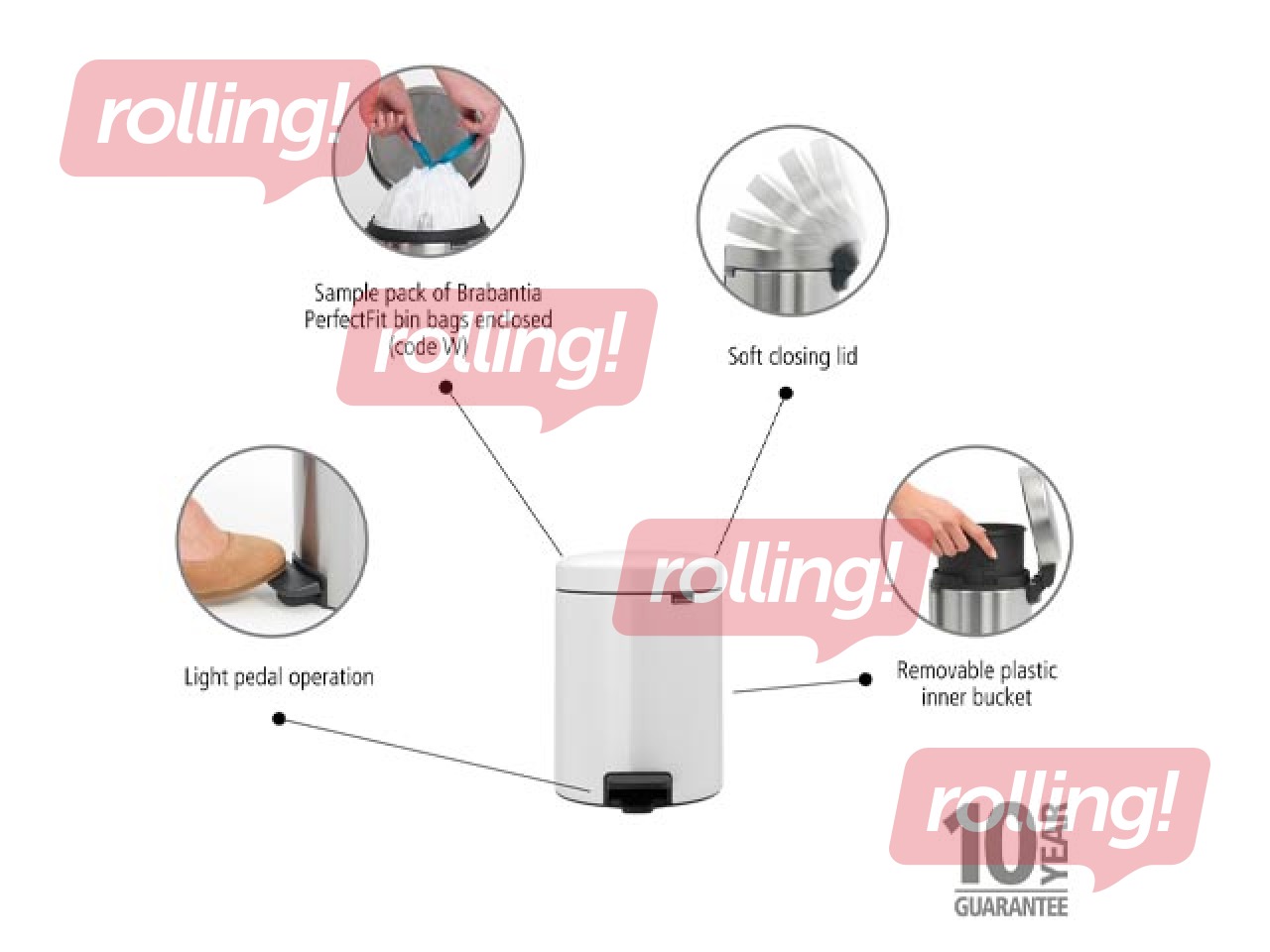 Atkritumu tvertne ar pedāli NewIcon, balta, 5l