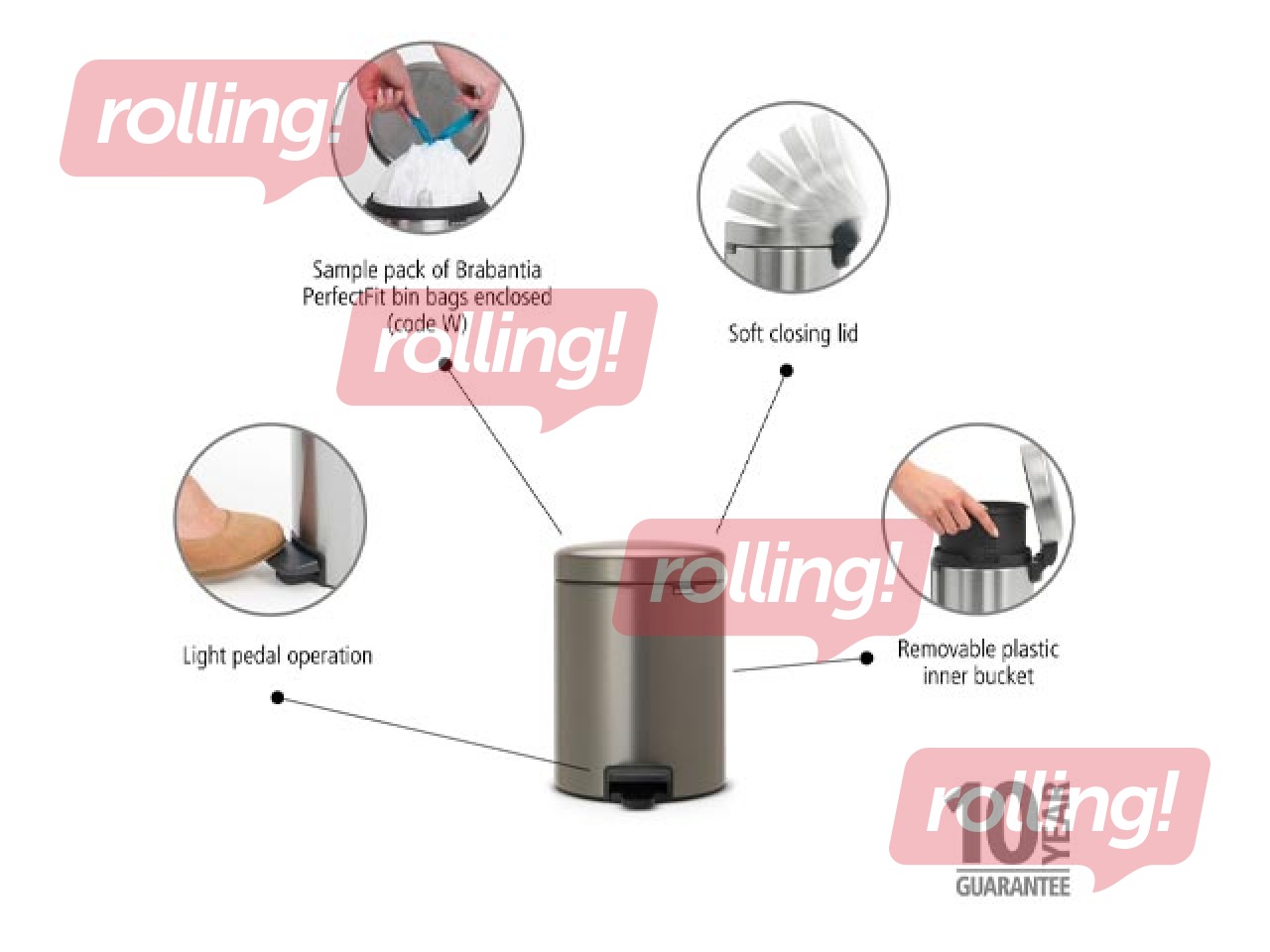 Pedaliga prügikast NewIcon, plaatina, 5l