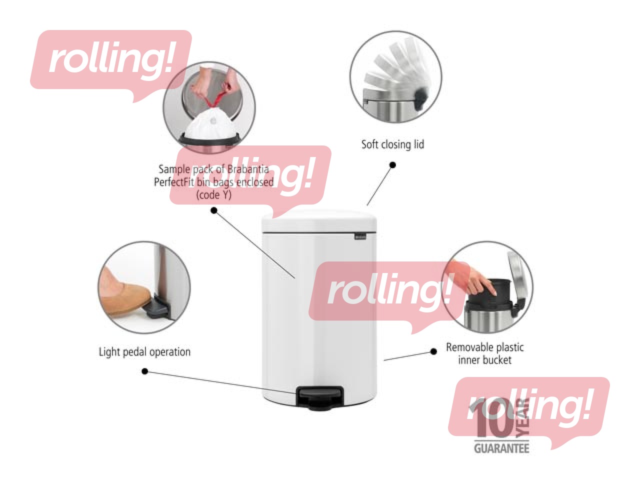 Pedaliga prügikast NewIcon, valge, 20l