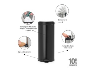 Atkritumu tvertne ar pedāli NewIcon, matēti melna, 30l