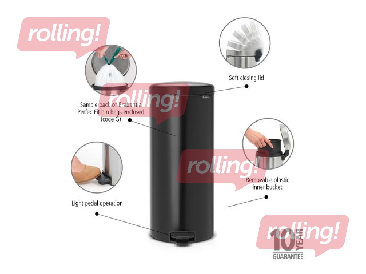 Atkritumu tvertne ar pedāli NewIcon, matēti melna, 30l