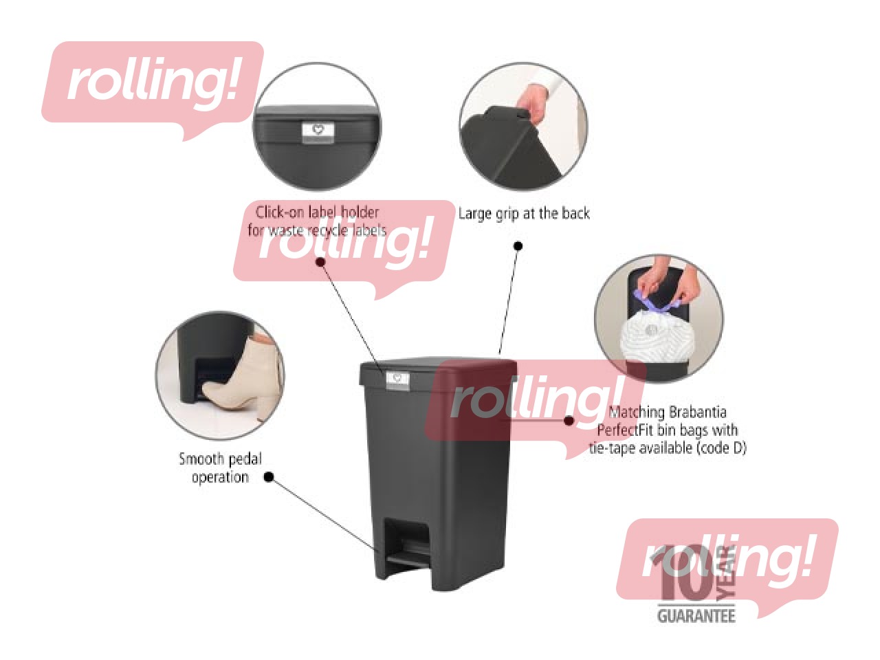 Pedaliga prügikast StepUp, tumehall, 16l