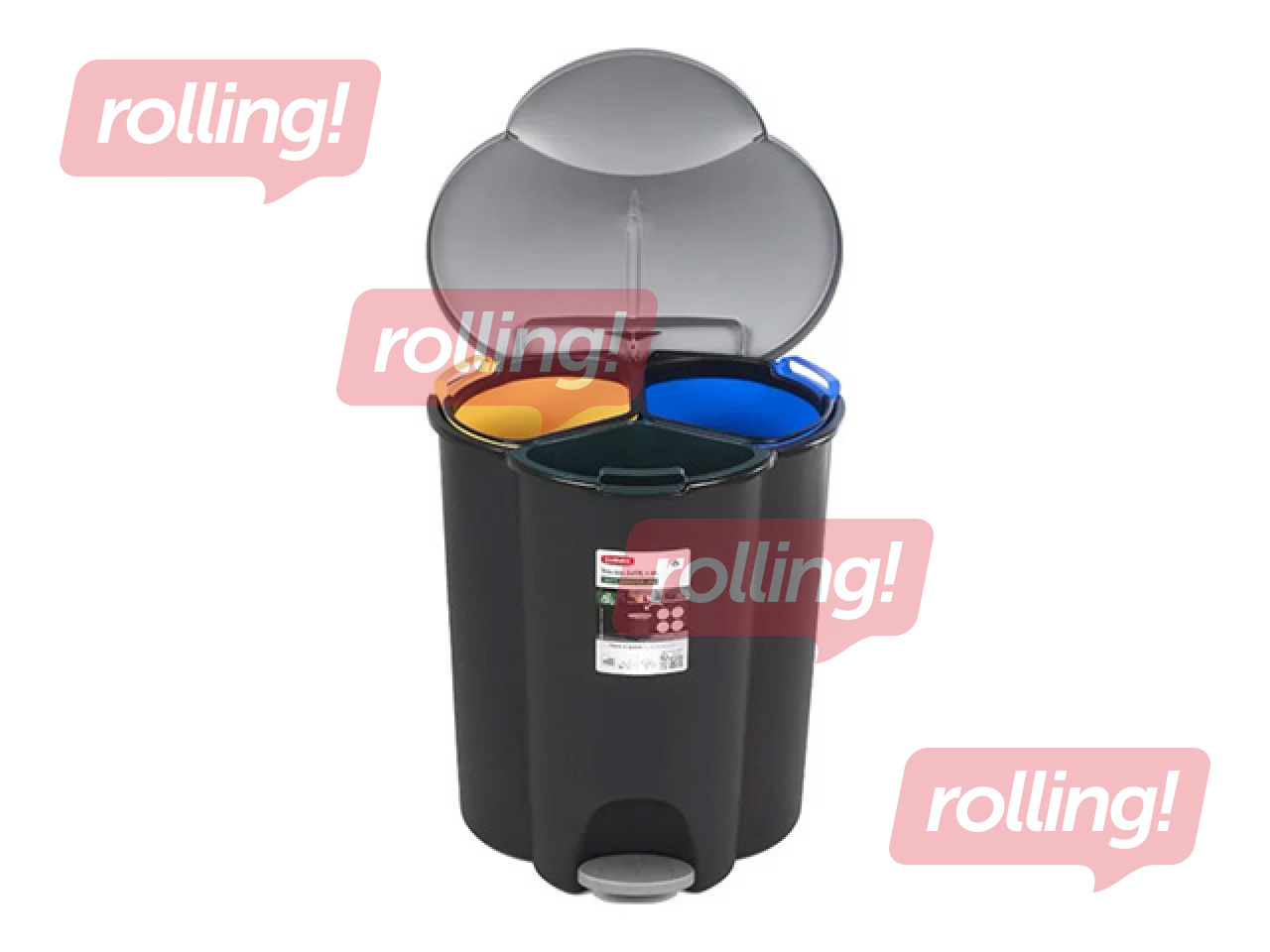 Prügikast Curver Trio, pedaaliga, 3 sektsiooni, must, hõbedane, 17+17+6l