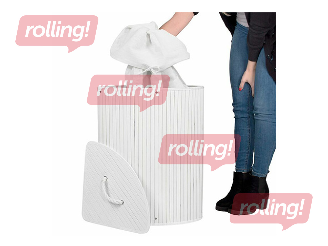 Корзина для белья Springos, с крышкой, белая, бамбук, 73л