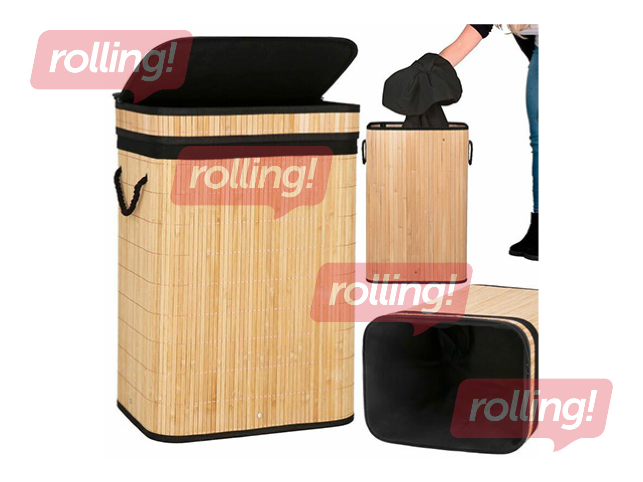 Laundry basket Springos, with lid, brown, black, bamboo, 72l