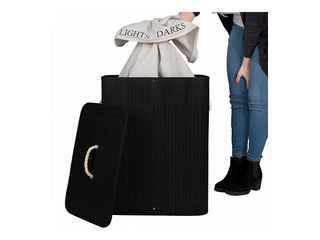 Pesukorv Springos, kaks sektsiooni, kaanega, must, bambus, 100l