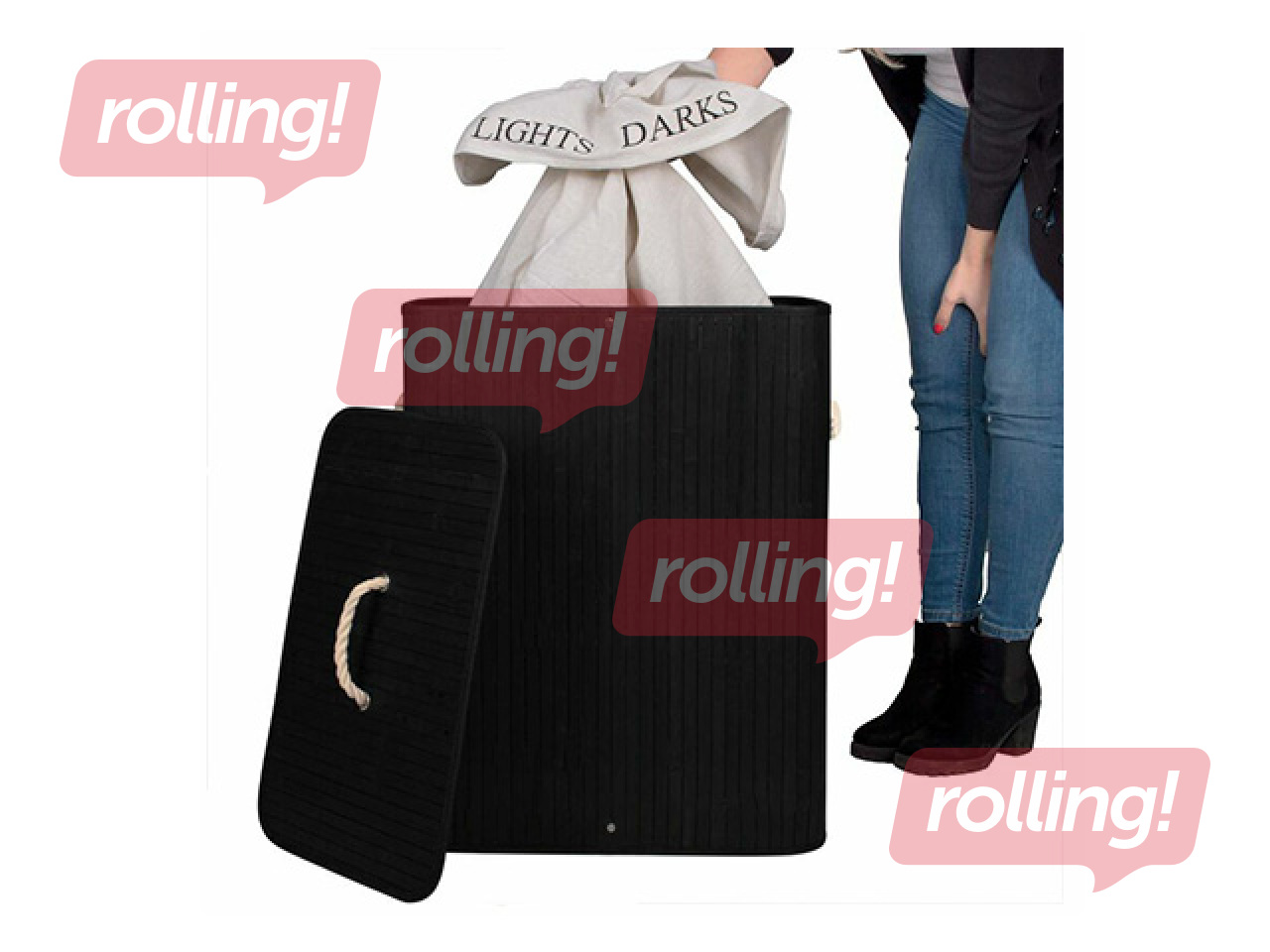 Pesukorv Springos, kaks sektsiooni, kaanega, must, bambus, 100l