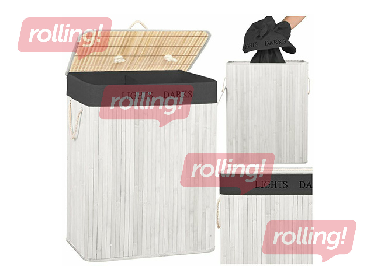 Pesukorv Springos, kaks sektsiooni, kaanega, valge, bambus, 105l
