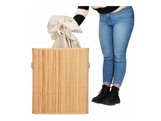Laundry basket Springos, two compartments, with lid, brown, bamboo, 100l