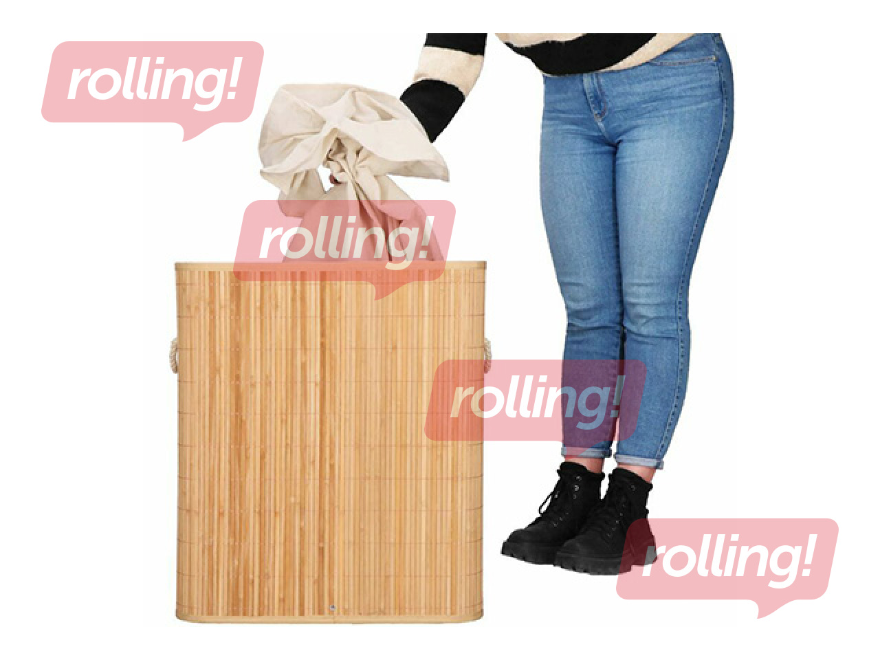 Laundry basket Springos, two compartments, with lid, brown, bamboo, 100l
