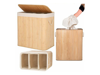 Pesukorv Springos, kolm sektsiooni, kaanega, pruun, bambus, 150l