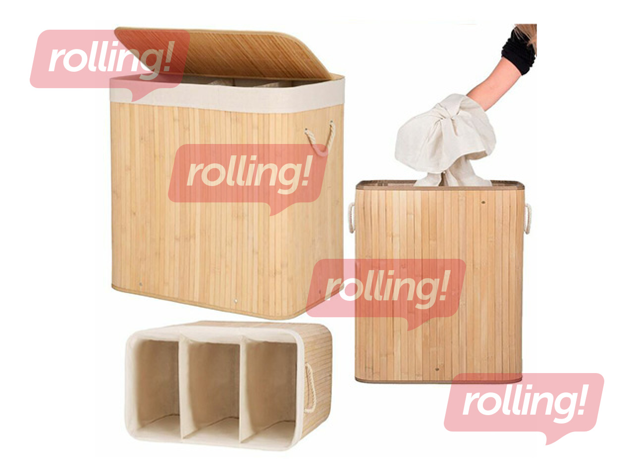 Veļas kaste Springos, trīs nodalījumi, ar vāku, brūna, bambusa, 150l