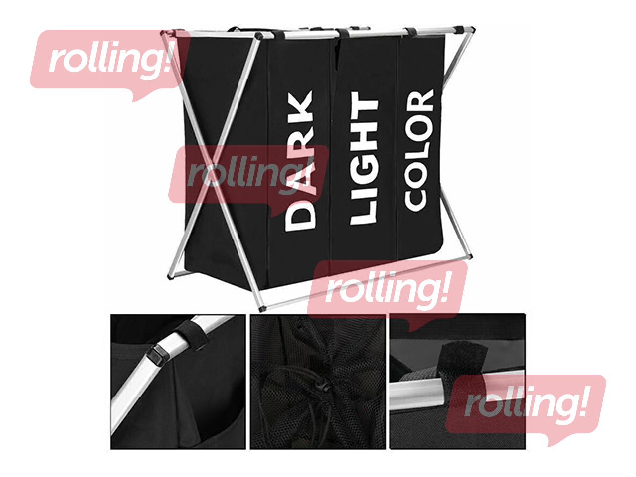 Pesukorv Springos, kolm sektsiooni, must, kangas, alumiiniumraam, 146l