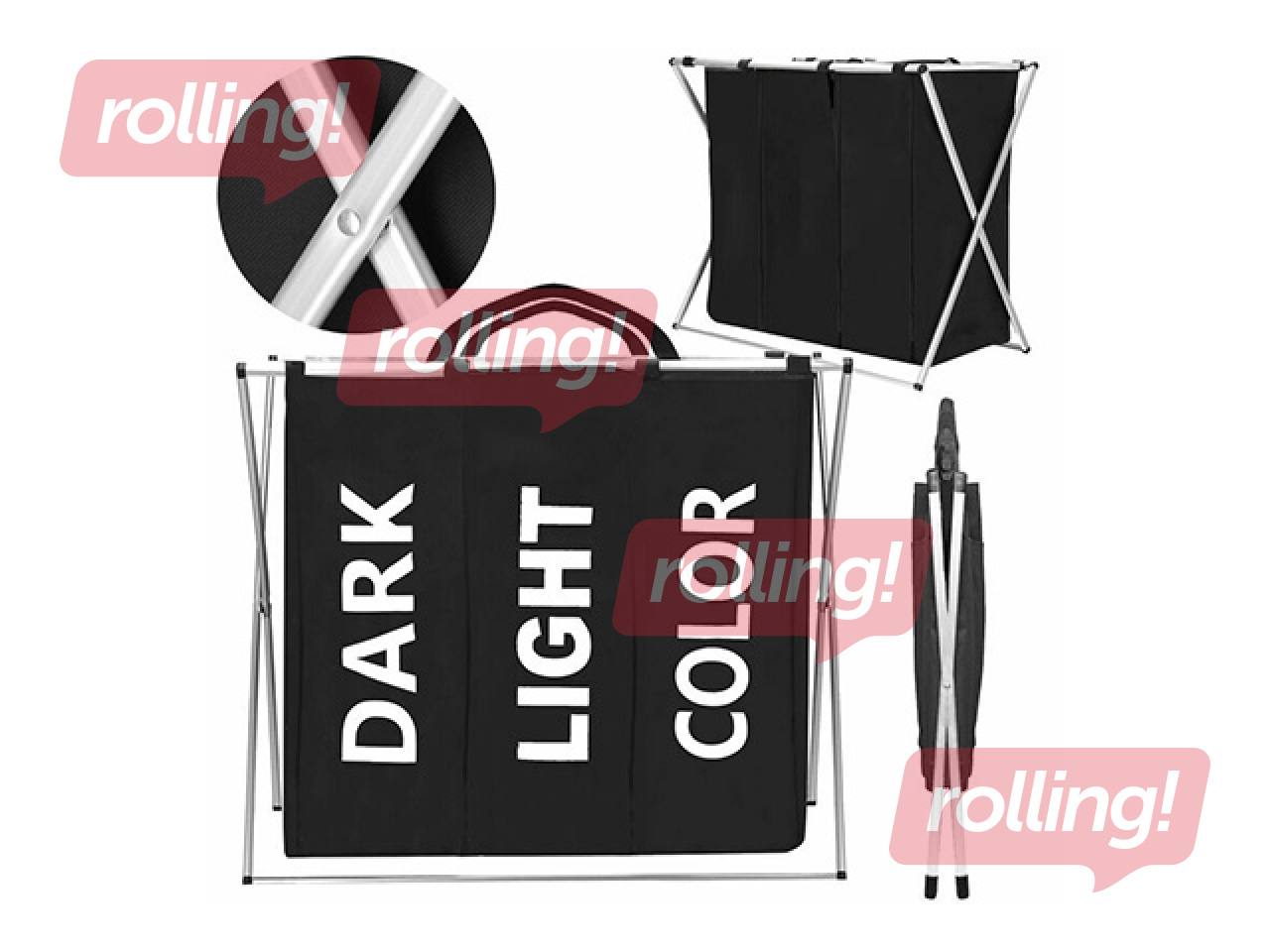 Pesukorv Springos, kolm sektsiooni, must, kangas, alumiiniumraam, 146l