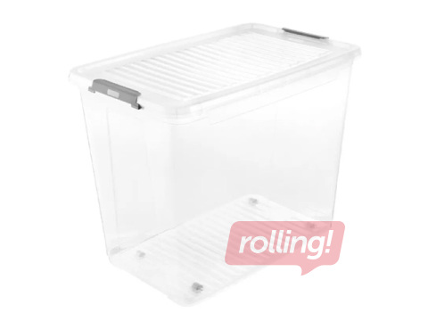 Storage box Keeeper Leo, with lid, on wheels, transparent, 74l