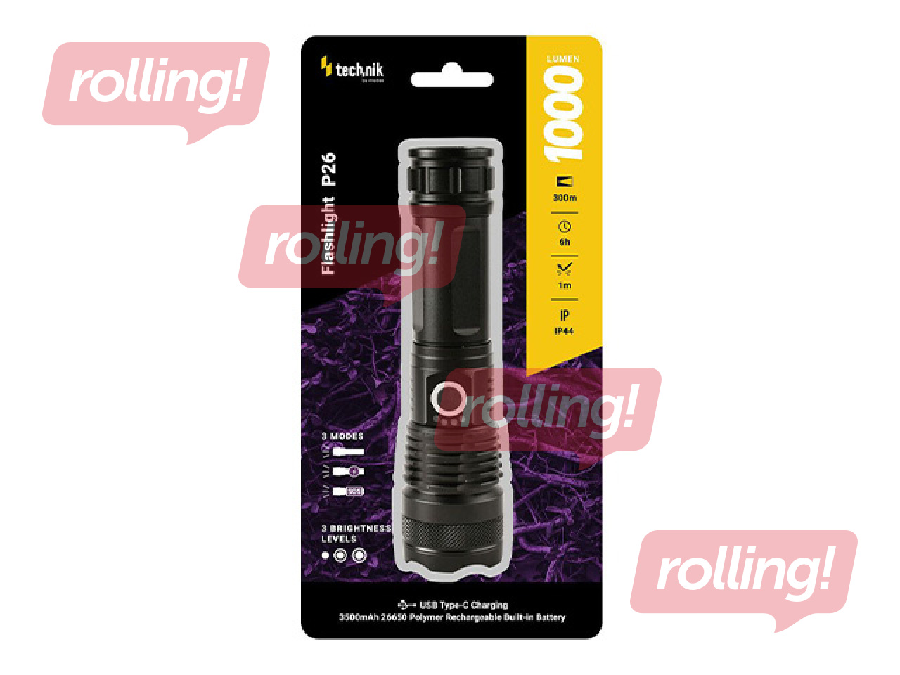 Technik P26 focusable LED flashlight, 1000lm, 300m range, rechargeable