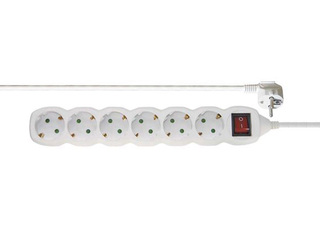Extension cord, 6-socket, 5 m, with grounding and switch, white