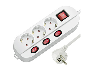 Extension cord, 3-socket, with grounding and 3+1 switch, white, 1.5m