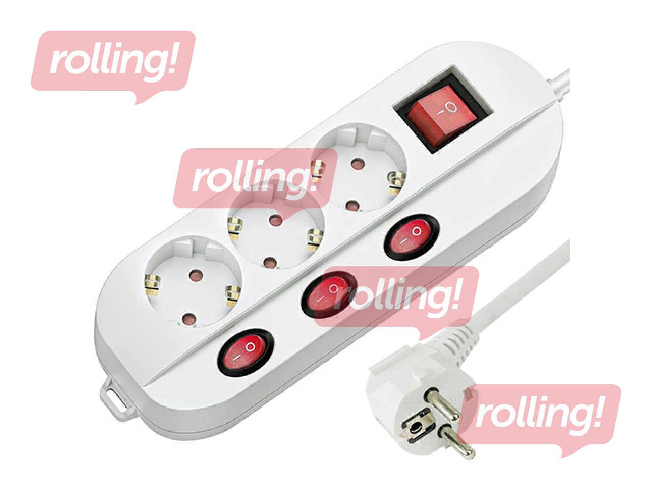 Pikendusjuhe, 3 pistikupesa, maandusega ja 3+1 lülitiga, valge, 1.5m