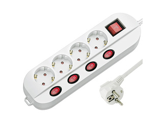 Extension cord 4-socket, with grounding and 4+1 switch, white, 1.5m