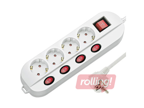 Удлинитель 4-местный, с заземлением и выключателем 4+1, белый, 1.5м 