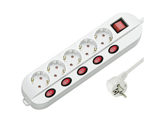 Extension cord 5-socket, with grounding and 5+1 switch, white, 1.5m
