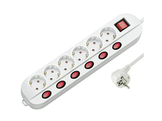 Extension cord 6-socket, with grounding and 6+1 switch, white, 1.5m