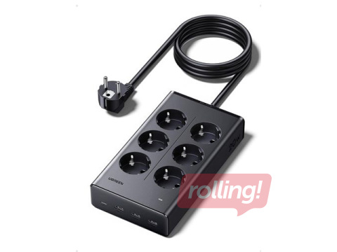 6-pesaline pikendusjuhe, pikkus 1,3 m, USB-laadijaga (3x USB-A, 1x USB-C), must, UGREEN