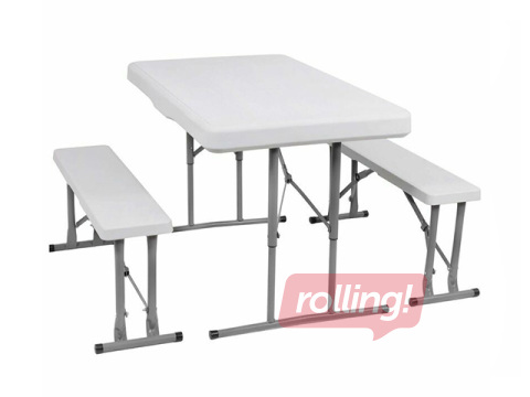 Table Springos, with 2 benches, foldable, white, 105x64x70cm