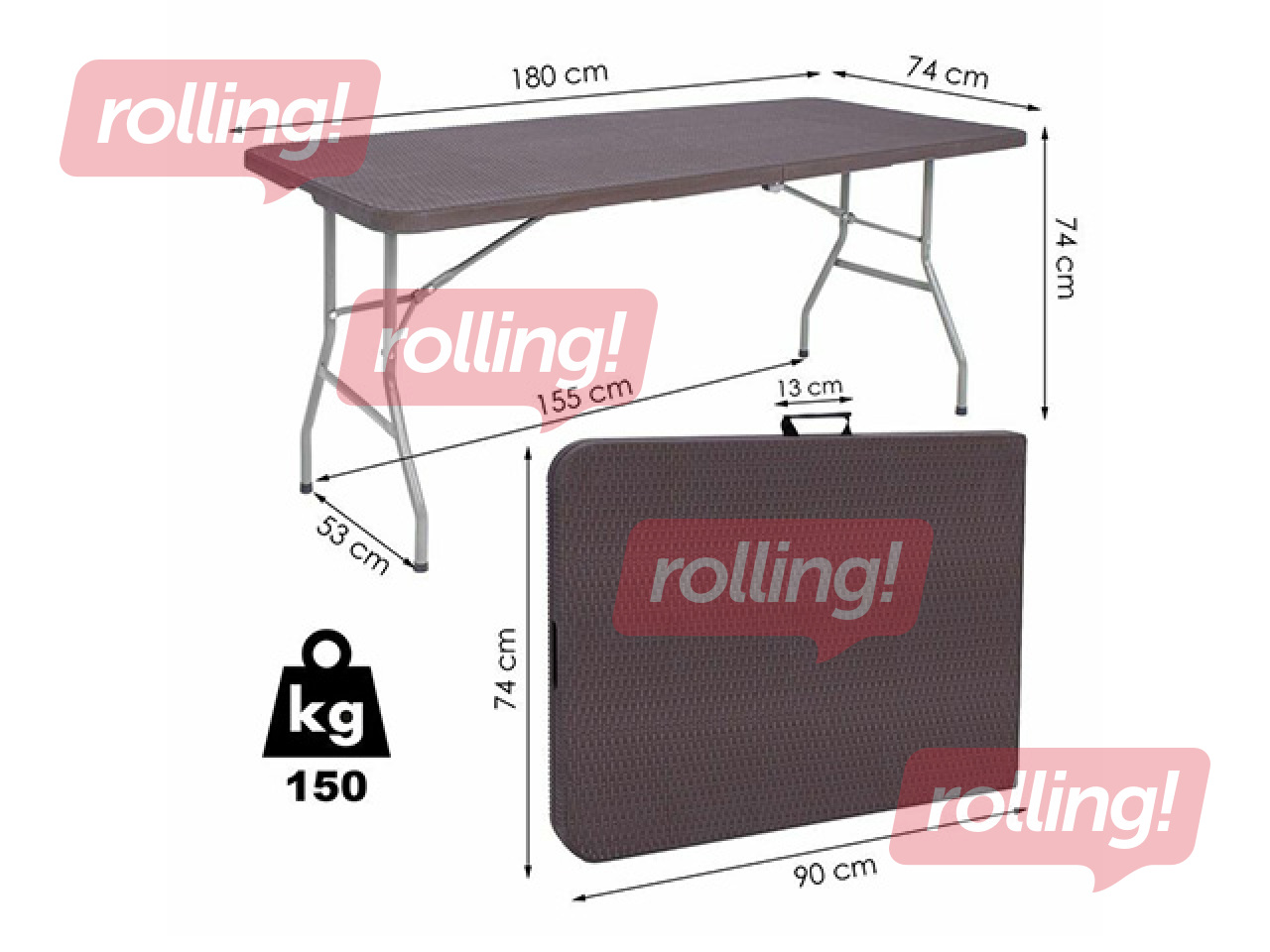 Table Springos, foldable, brown, 180x74x74cm