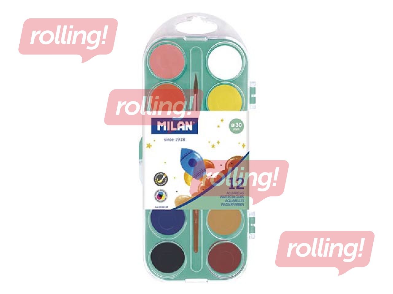 Set of 12 opaque watercolour tablets Ø 30 mm with brush