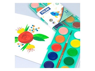 Set of 12 opaque watercolour tablets Ø 30 mm with brush