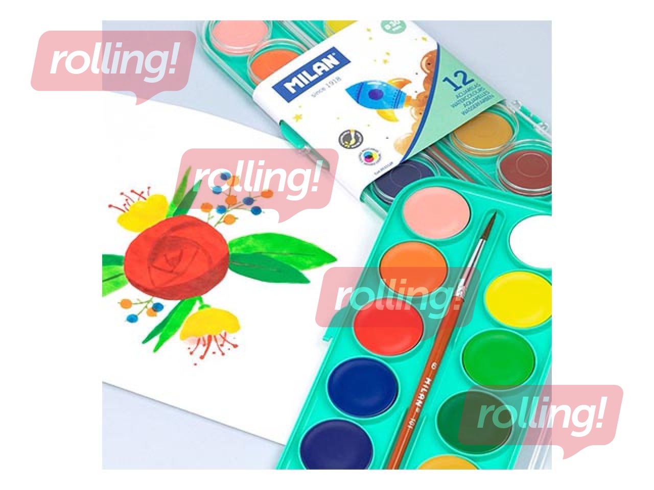 Set of 12 opaque watercolour tablets Ø 30 mm with brush