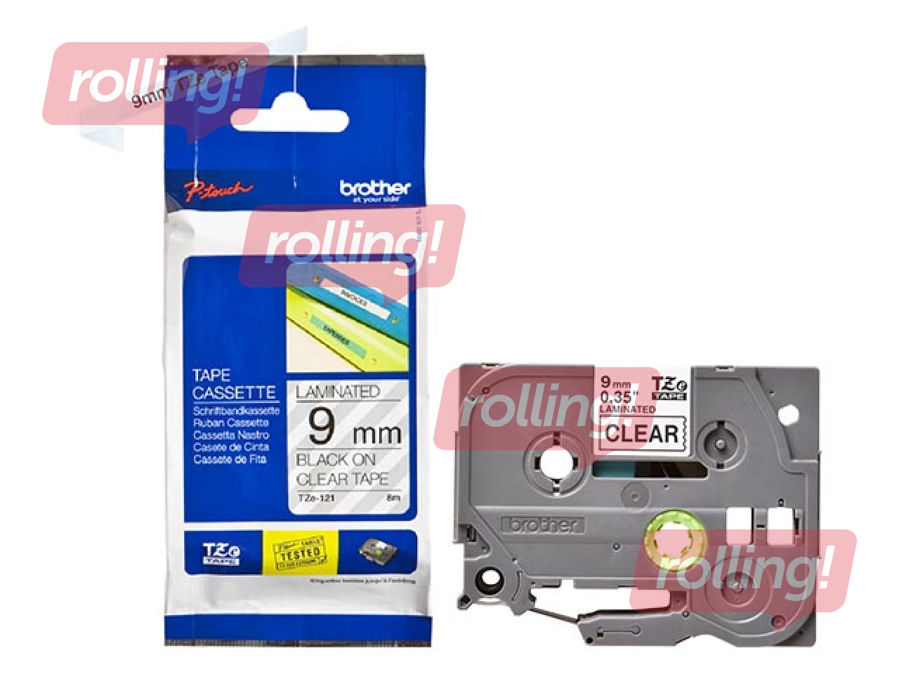 Brother TZe-121 Must trükk puhtal lindil, lamineeritud, 9mm laiune, 8m pikkune