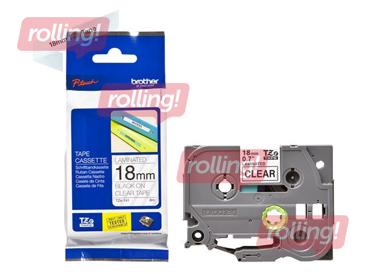 Brother TZe-141 Must trükk puhtal lindil, lamineeritud, 18mm laiune, 8m pikkune