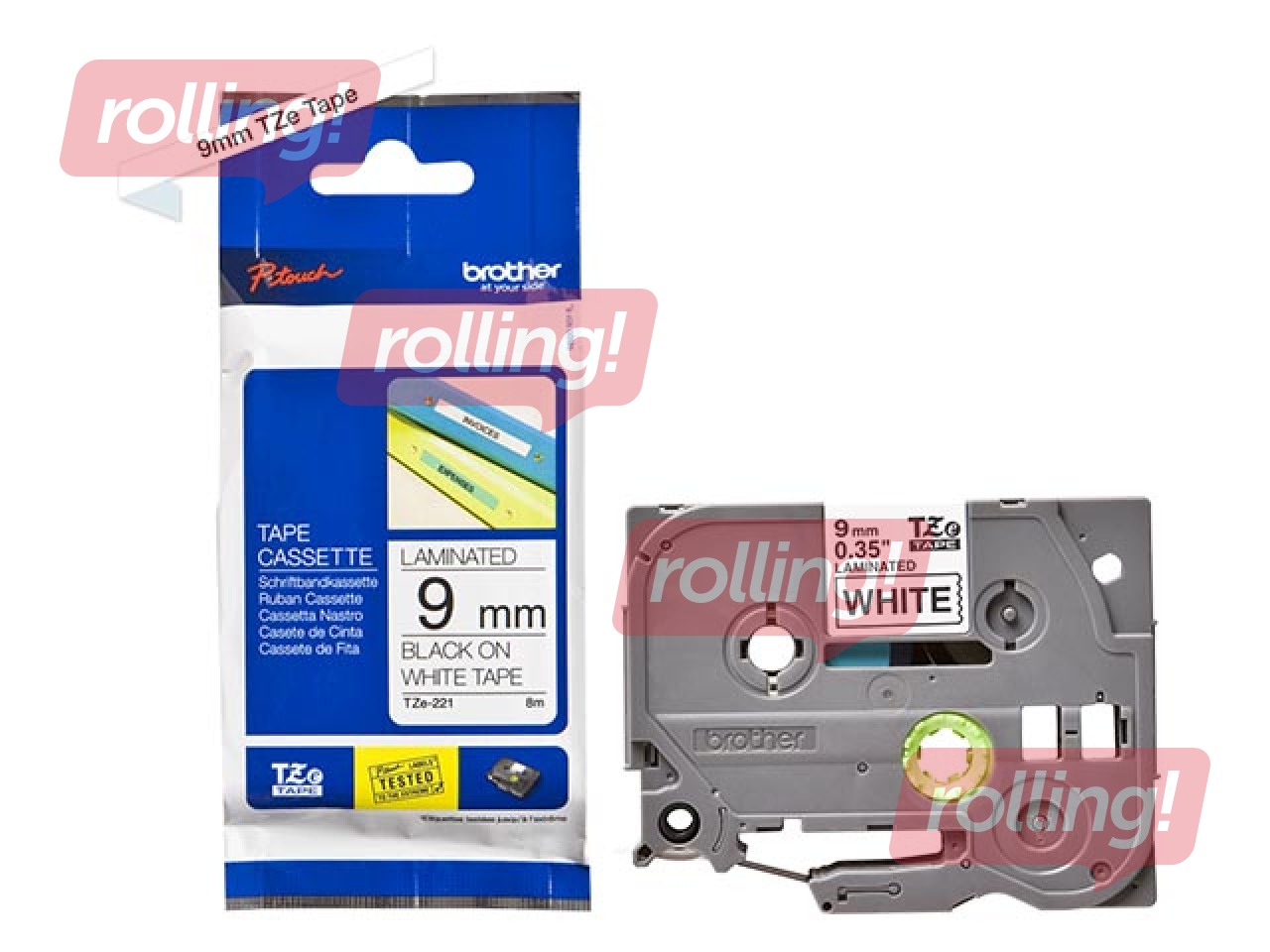 Brother TZe-221 - Must trükk valgel lindil, lamineeritud, 9 mm laiune, 8m pikkune