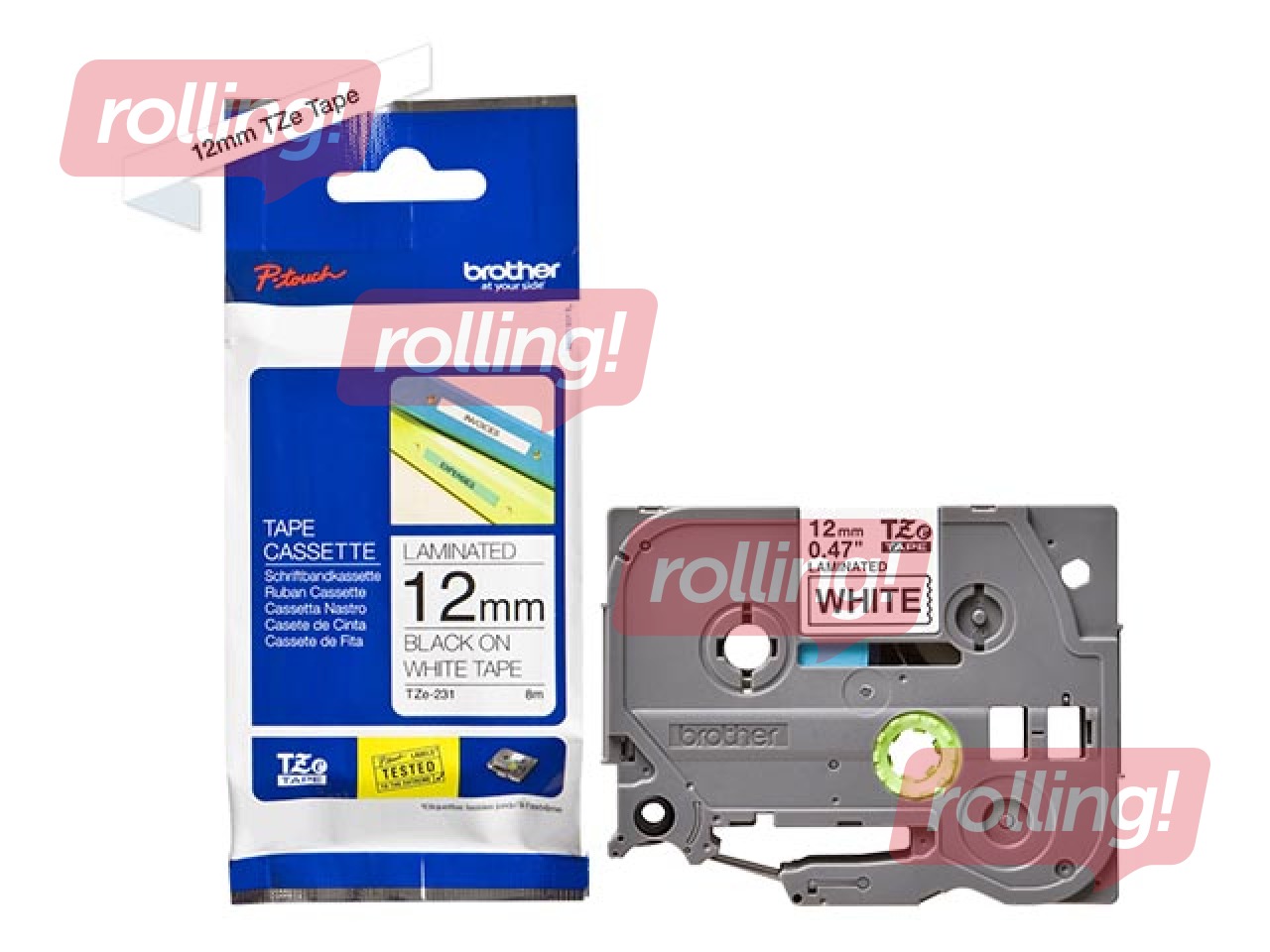 Brother TZe-231 - Must trükk valgel lindil, lamineeritud, 12mm laiune, 8m pikkune