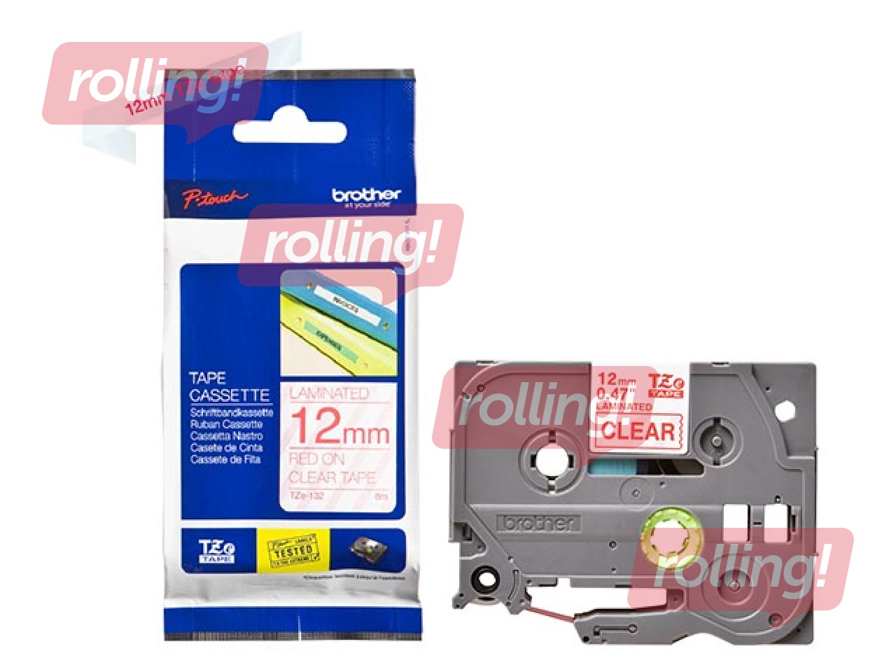 Brother TZe-132 - Punane trükk puhtal lindil, 12mm laiune, 8m pikkune