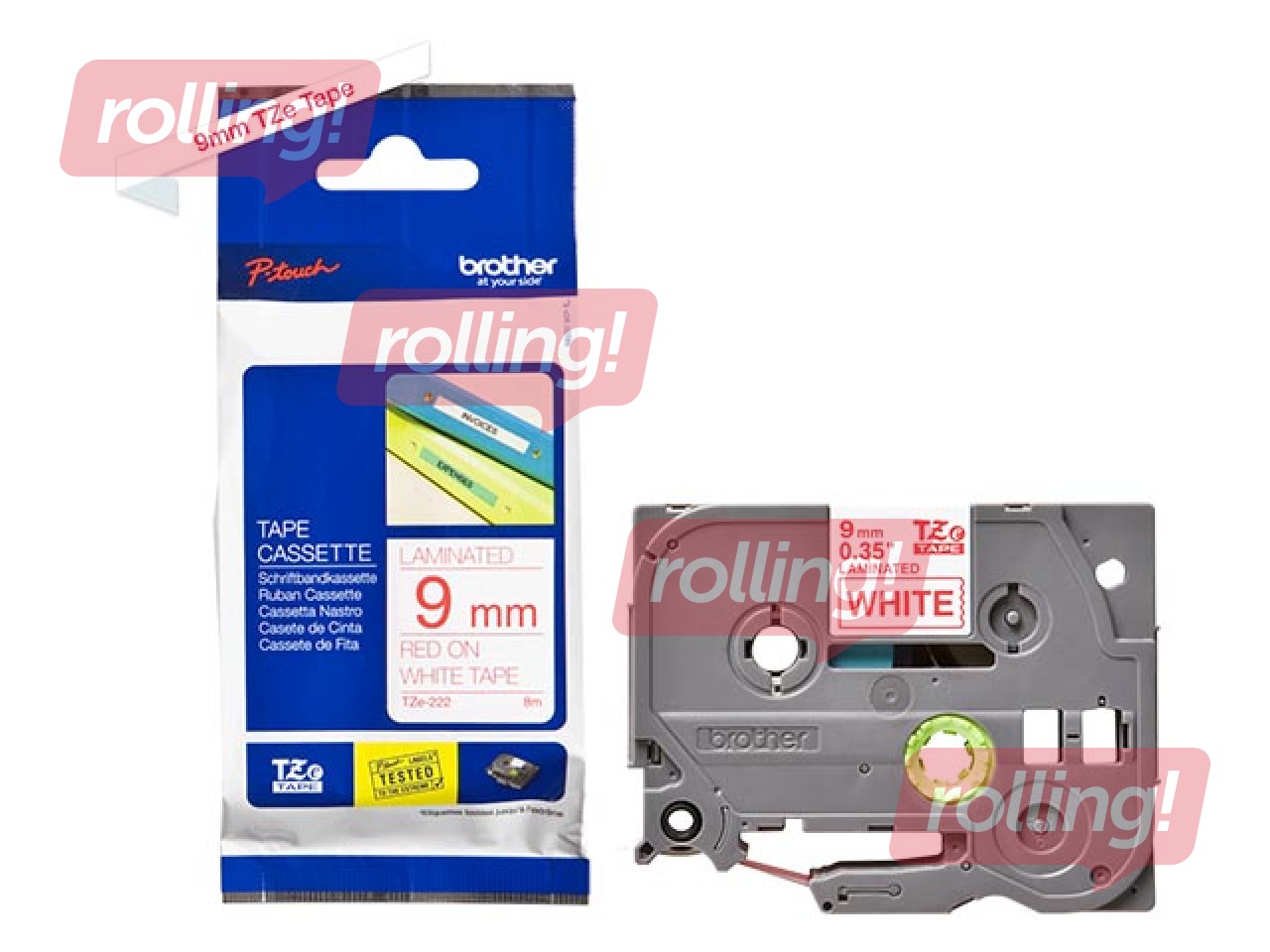 Brother TZe-222 - Punane trükk valgel lindil, lamineeritud, 9mm laiune, 8m pikkune