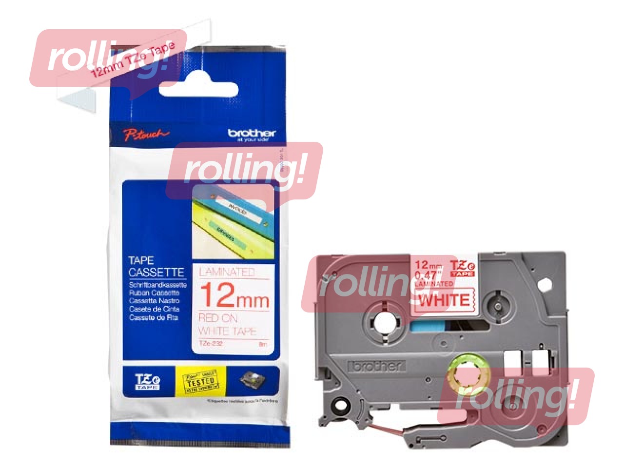 Brother TZe-232 - Punane trükk valgel lindil, lamineeritud, 12mm laiune, 8m pikkune