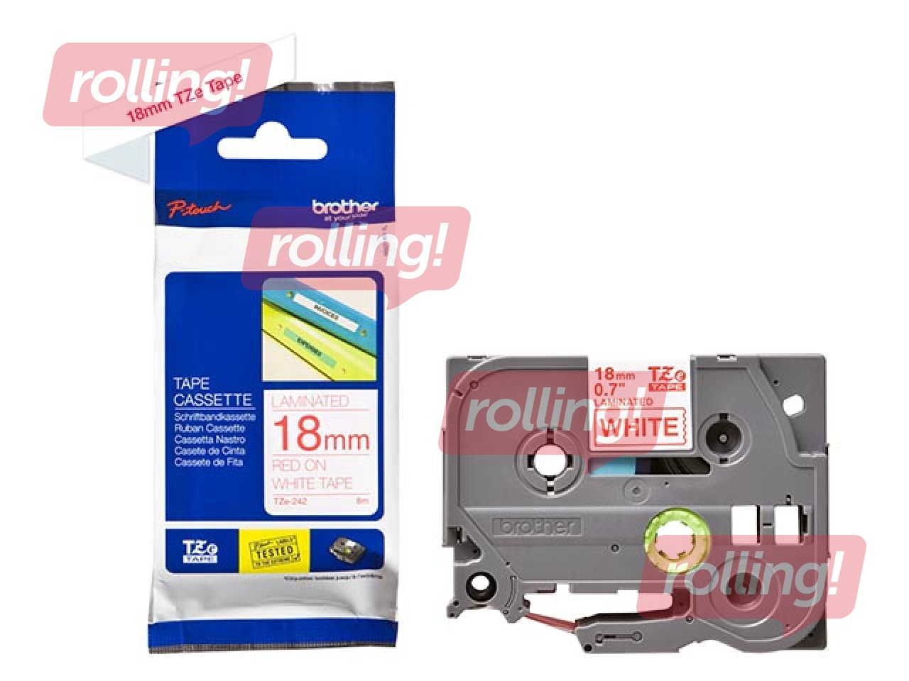 Brother TZe-242 - Red printing on White Tape, Laminated, 18mm width, 8m length