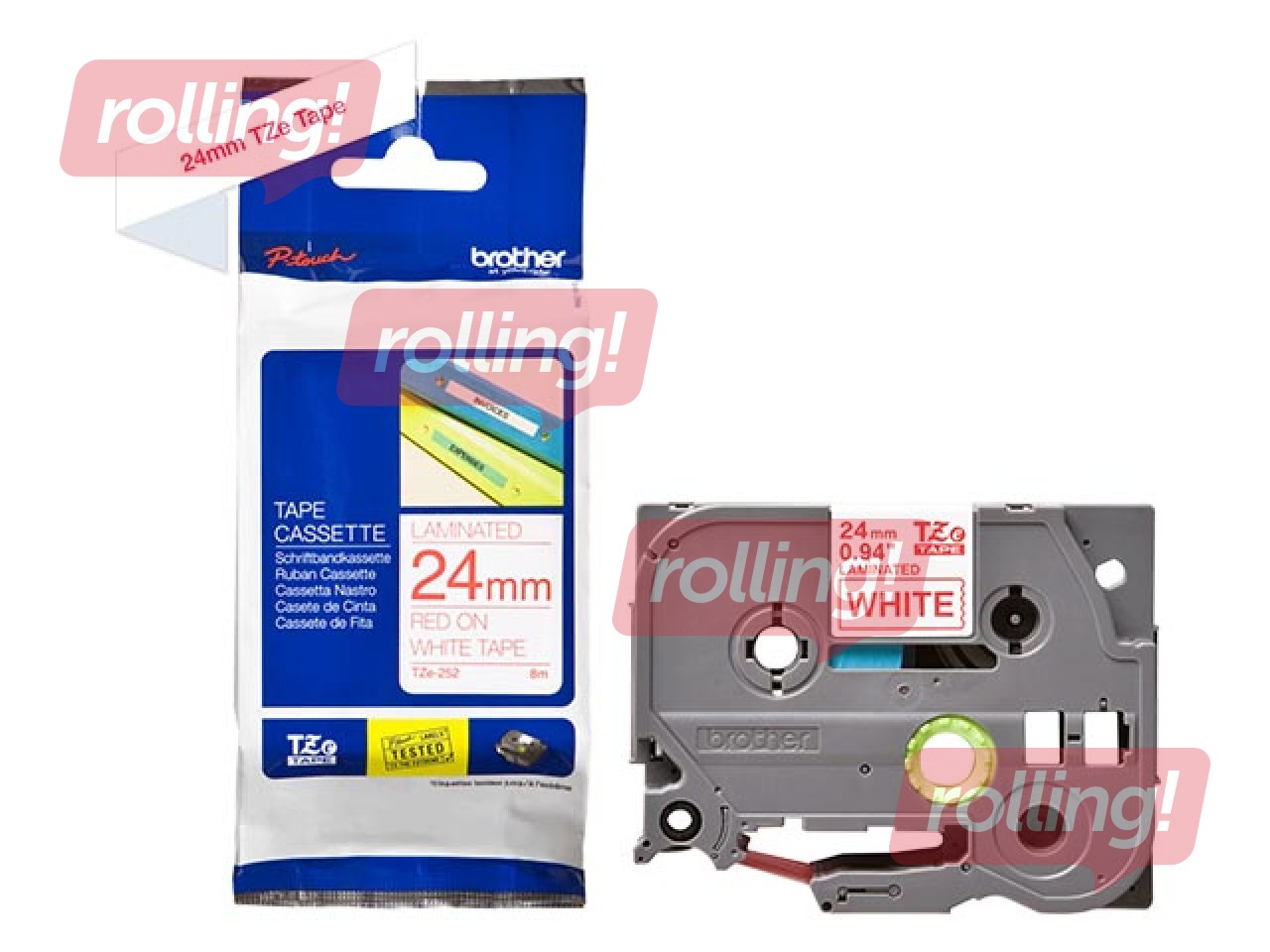 Brother TZe-252 - Punane trükk valgel lindil, lamineeritud, 24mm laiune, 8m pikkune