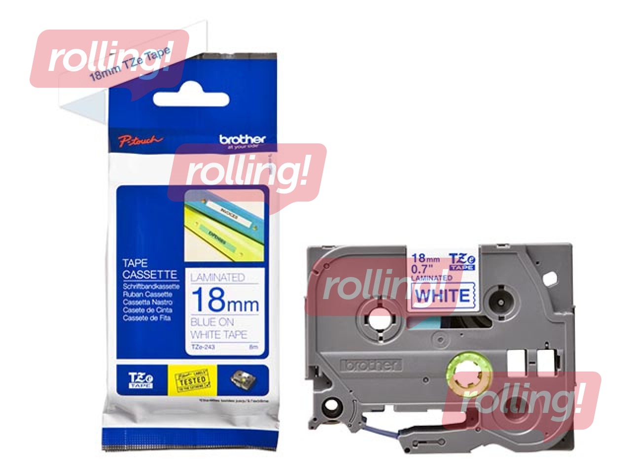 Brother TZe-243 - Sinine trükk valgel lindil, lamineeritud, 18mm laiune, 8m pikkune