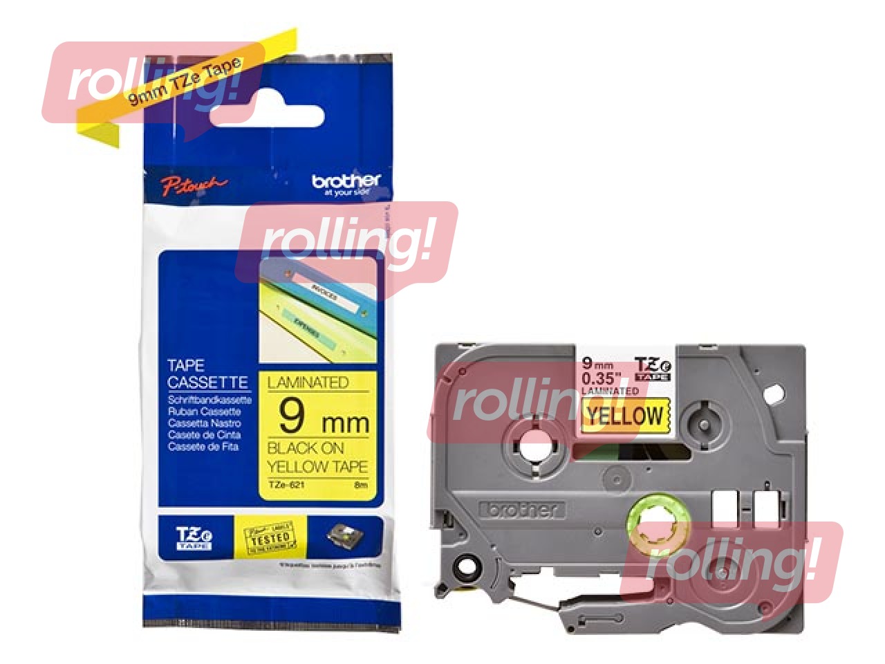 Brother TZe-621- Must trükk kollasel lindil, lamineeritud, 9mm laiune, 8m pikkune