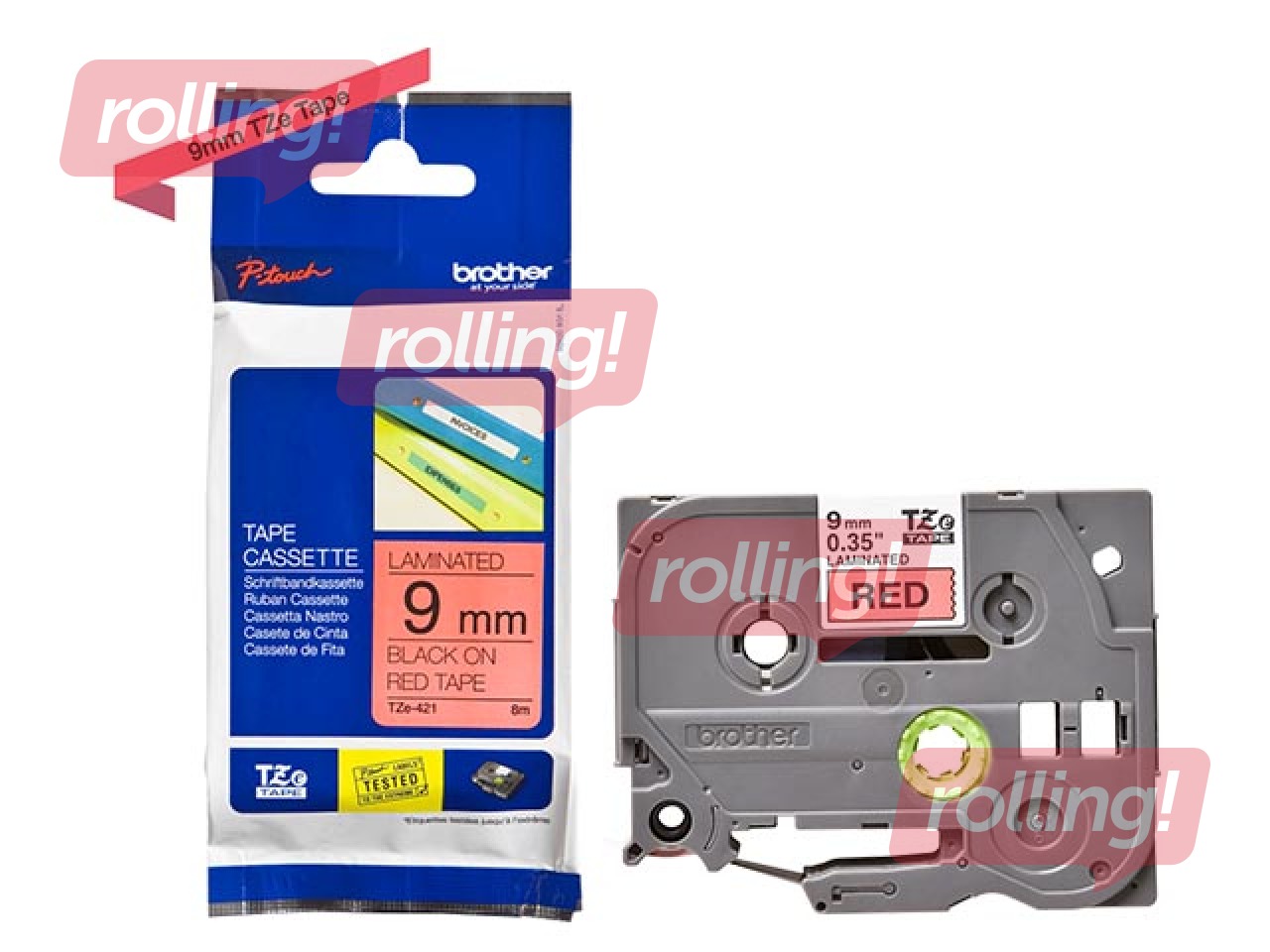 Brother TZe-421- Must trükk punasel lindil, lamineeritud, 9mm laiune, 8m pikkune